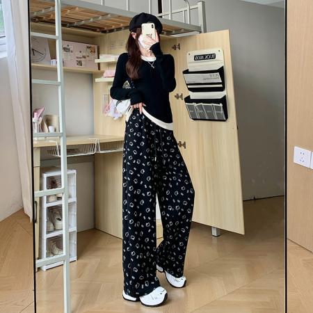 FA53384# 可爱印花直筒休闲裤女春秋新款时尚韩版宽松阔腿裤拖地遛弯裤 服裝批發女裝批發服飾貨源