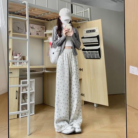 FA53384# 可爱印花直筒休闲裤女春秋新款时尚韩版宽松阔腿裤拖地遛弯裤 服裝批發女裝批發服飾貨源