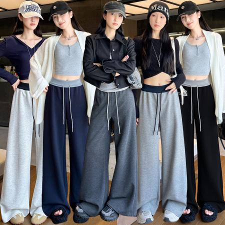 FA53385# 春秋新款运动松紧腰头拼接撞色垂感垂感拖地卫裤直筒休闲裤 服裝批發女裝批發服飾貨源