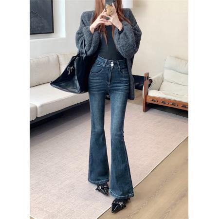 FA53386# 韩版自带丰胯弹力中高个子高腰显瘦百搭牛仔微喇叭长裤 服裝批發女裝批發服飾貨源