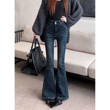 FA53386# 韩版自带丰胯弹力中高个子高腰显瘦百搭牛仔微喇叭长裤 服裝批發女裝批發服飾貨源