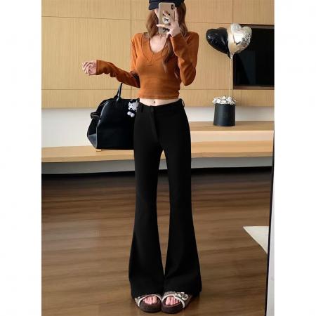 FA53387# 加绒加厚辣妹纯欲风自带丰胯修身显瘦高腰微喇叭长裤 服裝批發女裝批發服飾貨源