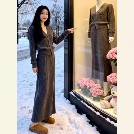 FA53390# 上架72小时有货-冬季超火一整套轻奢高级感穿搭灰色针织衫套装女 服裝批發女裝批發服飾貨源