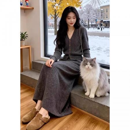 FA53390# 上架72小时有货-冬季超火一整套轻奢高级感穿搭灰色针织衫套装女 服裝批發女裝批發服飾貨源