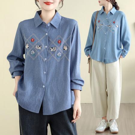 FA53392# 胖M大码女装刺绣牛仔衬衫秋冬新款复古百搭宽松高级长袖衬衣 服裝批發女裝批發服飾貨源