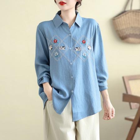 FA53392# 胖M大码女装刺绣牛仔衬衫秋冬新款复古百搭宽松高级长袖衬衣 服裝批發女裝批發服飾貨源