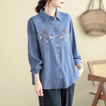 FA53392# 胖M大码女装刺绣牛仔衬衫秋冬新款复古百搭宽松高级长袖衬衣 服裝批發女裝批發服飾貨源