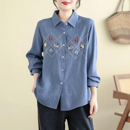 FA53392# 胖M大码女装刺绣牛仔衬衫秋冬新款复古百搭宽松高级长袖衬衣 服裝批發女裝批發服飾貨源