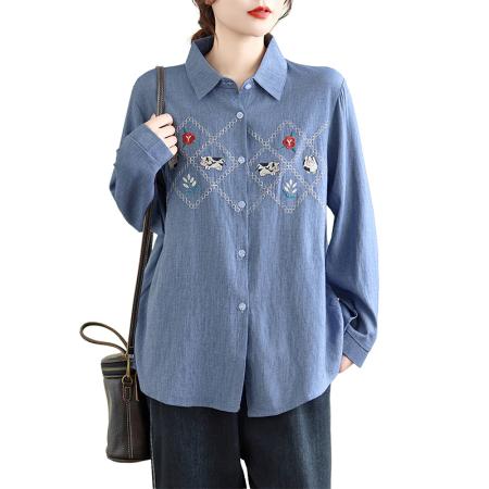 FA53392# 胖M大码女装刺绣牛仔衬衫秋冬新款复古百搭宽松高级长袖衬衣 服裝批發女裝批發服飾貨源