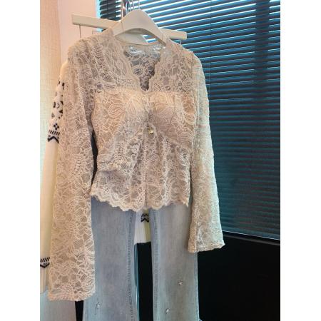 FA53393# 上法式V领打底蕾丝衫女秋冬款独特收腰修身显瘦内搭开叉上衣 服裝批發女裝批發服飾貨源