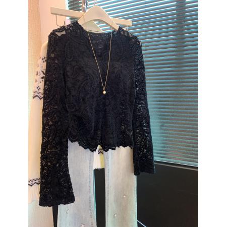 FA53393# 上法式V领打底蕾丝衫女秋冬款独特收腰修身显瘦内搭开叉上衣 服裝批發女裝批發服飾貨源