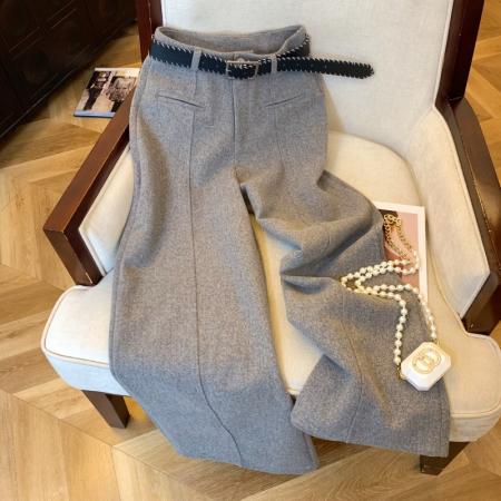 FA53395# 上韩版休闲灰色毛呢阔腿裤女装秋冬慵懒风垂感直筒拖地西裤 服裝批發女裝批發服飾貨源