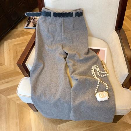 FA53395# 上韩版休闲灰色毛呢阔腿裤女装秋冬慵懒风垂感直筒拖地西裤 服裝批發女裝批發服飾貨源