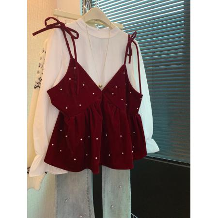 FA53396# 上甜美风长袖宽松衬衫女装春季叠穿系带珍珠背心两件套 服裝批發女裝批發服飾貨源