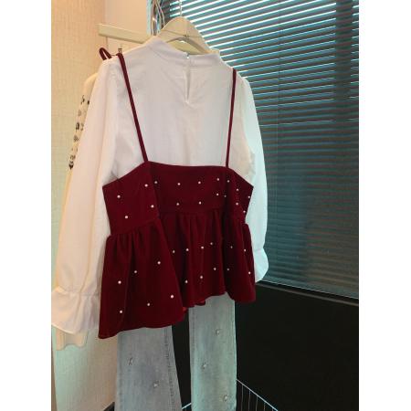 FA53396# 上甜美风长袖宽松衬衫女装春季叠穿系带珍珠背心两件套 服裝批發女裝批發服飾貨源