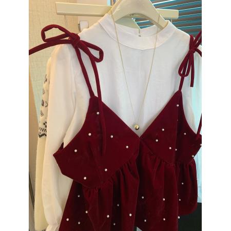 FA53396# 上甜美风长袖宽松衬衫女装春季叠穿系带珍珠背心两件套 服裝批發女裝批發服飾貨源