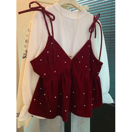 FA53396# 上甜美风长袖宽松衬衫女装春季叠穿系带珍珠背心两件套 服裝批發女裝批發服飾貨源