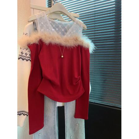 FA53397# 上千金假两件亮片网纱长袖t恤女纯欲一字肩毛毛领上衣打底衫 服裝批發女裝批發服飾貨源