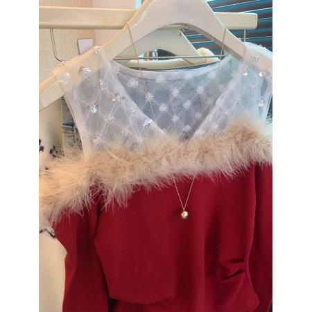 FA53397# 上千金假两件亮片网纱长袖t恤女纯欲一字肩毛毛领上衣打底衫 服裝批發女裝批發服飾貨源