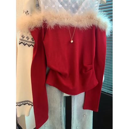 FA53397# 上千金假两件亮片网纱长袖t恤女纯欲一字肩毛毛领上衣打底衫 服裝批發女裝批發服飾貨源