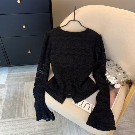 FA53398# 上千金风氛围感蕾丝v领花朵修身显瘦泡泡袖上衣秋冬加绒 服裝批發女裝批發服飾貨源