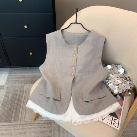 FA53399# 上韩系蕾丝边拼接假两件无袖马甲背心春季高级坎肩上衣 服裝批發女裝批發服飾貨源