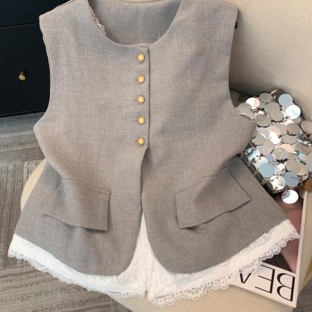 FA53399# 上韩系蕾丝边拼接假两件无袖马甲背心春季高级坎肩上衣 服裝批發女裝批發服飾貨源