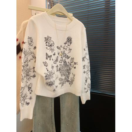 FA53401# 上温柔慵懒蝴蝶提花针织衫女冬季长袖圆领宽松高级上衣 服裝批發女裝批發服飾貨源