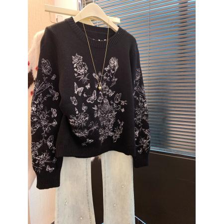 FA53401# 上温柔慵懒蝴蝶提花针织衫女冬季长袖圆领宽松高级上衣 服裝批發女裝批發服飾貨源