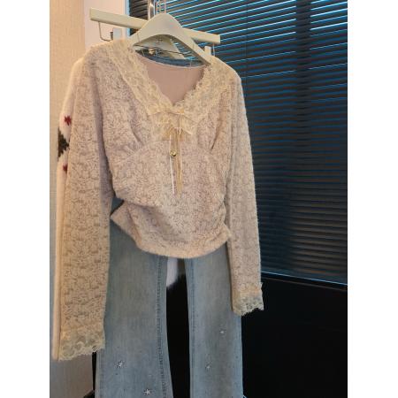 FA53403# 上辣妹风V领磨毛长袖蕾丝衫女修身设计感打底衫纯欲内搭上衣 服裝批發女裝批發服飾貨源