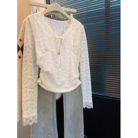 FA53403# 上辣妹风V领磨毛长袖蕾丝衫女修身设计感打底衫纯欲内搭上衣 服裝批發女裝批發服飾貨源