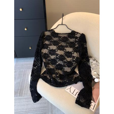 FA53404# 上高级感黑色V领蕾丝衫性感秋冬新款百搭时髦蕾丝上衣打底衫 服裝批發女裝批發服飾貨源