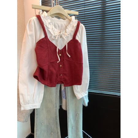 FA53405# 上红色针织马甲假两件娃娃领衬衫女秋季外搭叠穿温柔风上衣 服裝批發女裝批發服飾貨源