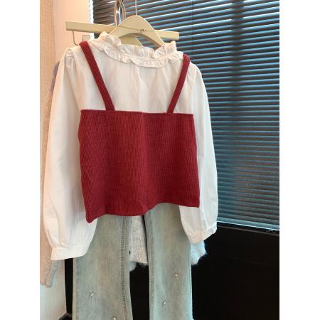 FA53405# 上红色针织马甲假两件娃娃领衬衫女秋季外搭叠穿温柔风上衣 服裝批發女裝批發服飾貨源