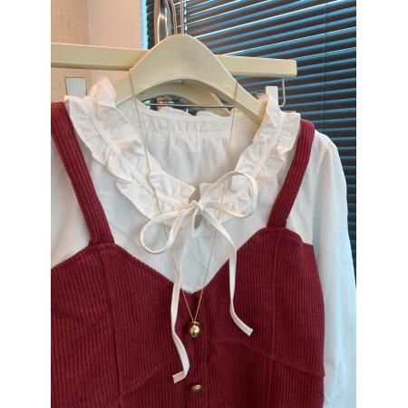 FA53405# 上红色针织马甲假两件娃娃领衬衫女秋季外搭叠穿温柔风上衣 服裝批發女裝批發服飾貨源