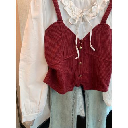 FA53405# 上红色针织马甲假两件娃娃领衬衫女秋季外搭叠穿温柔风上衣 服裝批發女裝批發服飾貨源