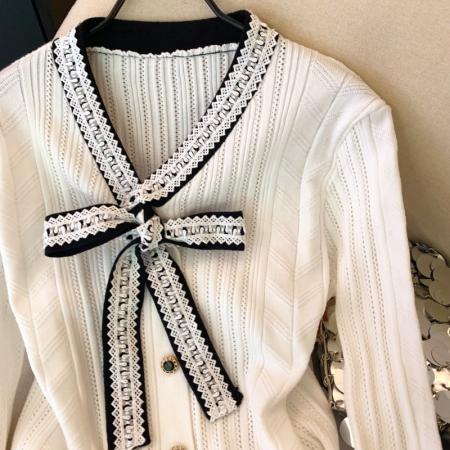 FA53406# 上小香风高级感蝴蝶结针织衫女秋冬新款设计感毛衣开衫 服裝批發女裝批發服飾貨源