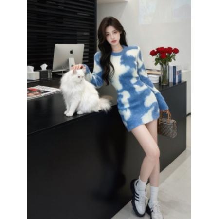 FA53408# 韩国温柔风设计感超好看扎染加厚针织连衣裙独特漂亮修身包臀裙子 服裝批發女裝批發服飾貨源