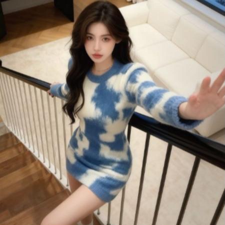 FA53408# 韩国温柔风设计感超好看扎染加厚针织连衣裙独特漂亮修身包臀裙子 服裝批發女裝批發服飾貨源