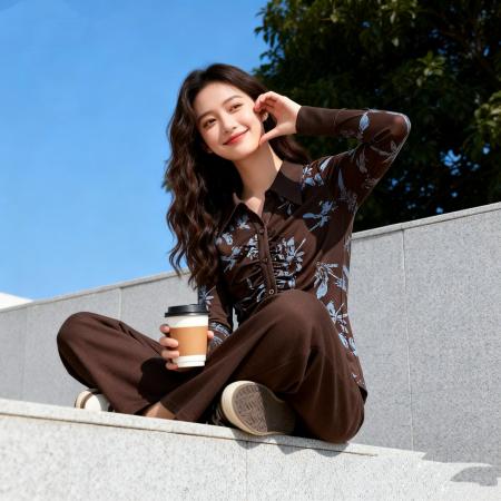 法式咖色印花真是衬衫女春秋新款抽褶设计感先手上衣打底衫 服裝批發女裝批發服飾貨源