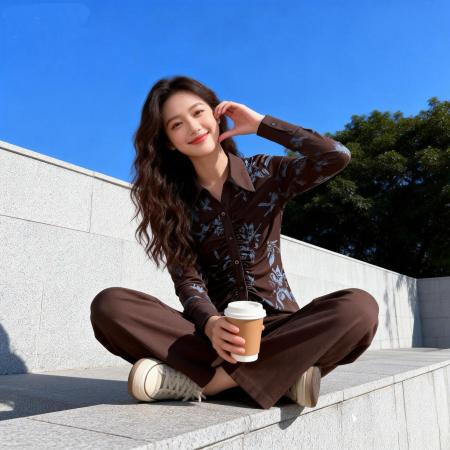 FA53409# 法式咖色印花真是衬衫女春秋新款抽褶设计感先手上衣打底衫 服裝批發女裝批發服飾貨源