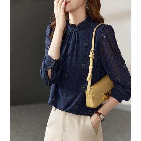 FA53410# 洋气木耳边立领绣花长袖雪纺衫女早秋季新款镂空宽松减龄衬衣 服裝批發女裝批發服飾貨源