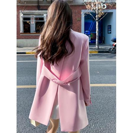 FA53411# 多巴胺粉色西装外套早秋新款韩版宽松设计感开叉气质休闲西服上衣 服裝批發女裝批發服飾貨源