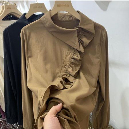 春季原创文艺复古斜襟褶皱宽松休闲纯色气质百搭日系棉质衬衣 服裝批發女裝批發服飾貨源