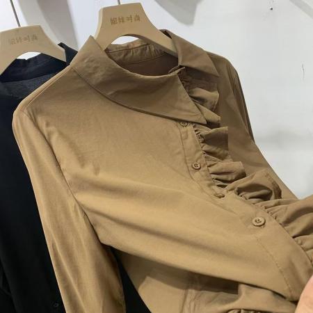 FA53413# 春季原创文艺复古斜襟褶皱宽松休闲纯色气质百搭日系棉质衬衣 服裝批發女裝批發服飾貨源