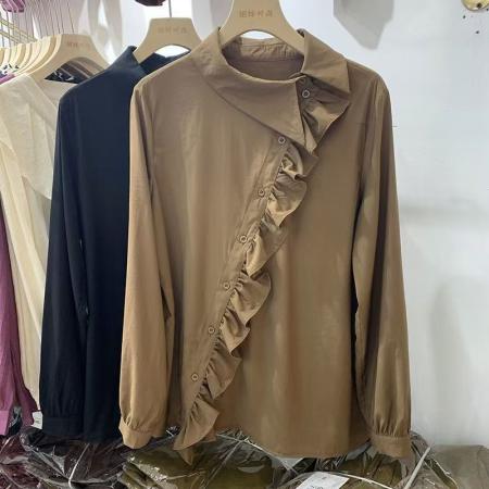 FA53413# 春季原创文艺复古斜襟褶皱宽松休闲纯色气质百搭日系棉质衬衣 服裝批發女裝批發服飾貨源