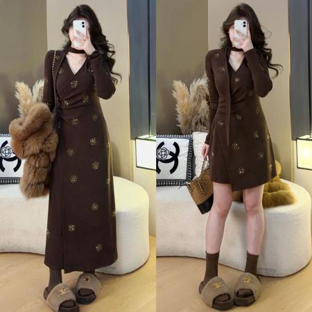 法式秋冬新款重工烫钻德绒收腰连衣裙内搭显瘦中长款裙子 服裝批發女裝批發服飾貨源