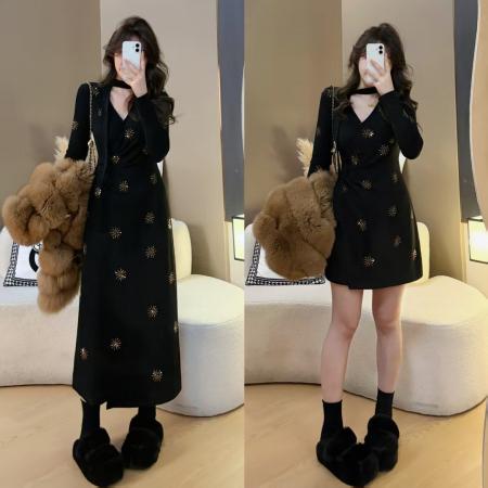 FA53415# 法式秋冬新款重工烫钻德绒收腰连衣裙内搭显瘦中长款裙子 服裝批發女裝批發服飾貨源