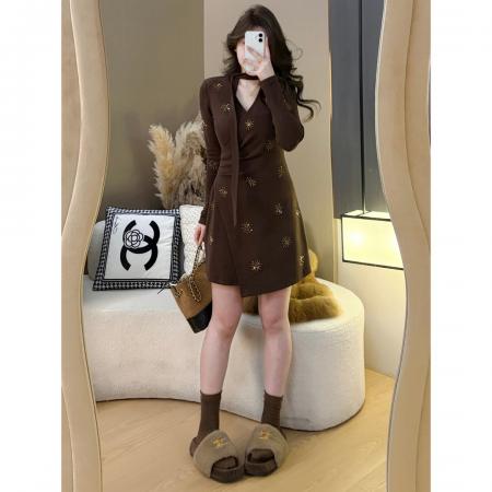 FA53415# 法式秋冬新款重工烫钻德绒收腰连衣裙内搭显瘦中长款裙子 服裝批發女裝批發服飾貨源