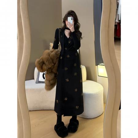 FA53415# 法式秋冬新款重工烫钻德绒收腰连衣裙内搭显瘦中长款裙子 服裝批發女裝批發服飾貨源